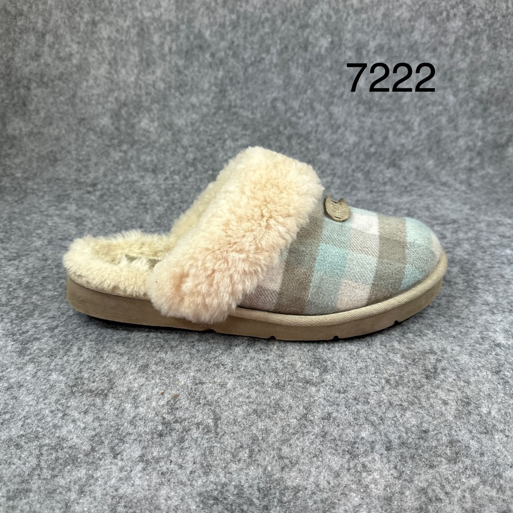UGG Scuffette II Plaid Slippers Womens 8 Blue Tan Shearling Good Condition